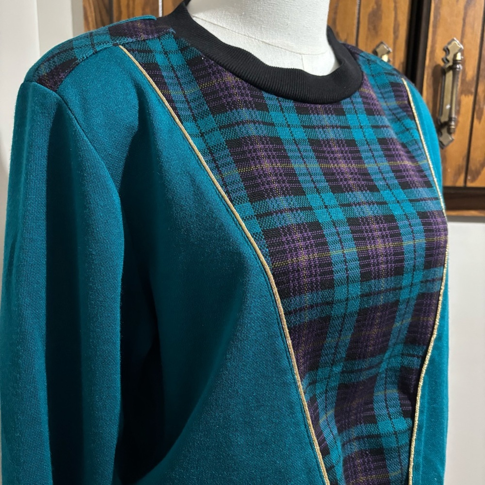 Vintage 80s 90s Sweatshirt Teal Plaid Color Block Pullover Size Small - Picture 3 of 5